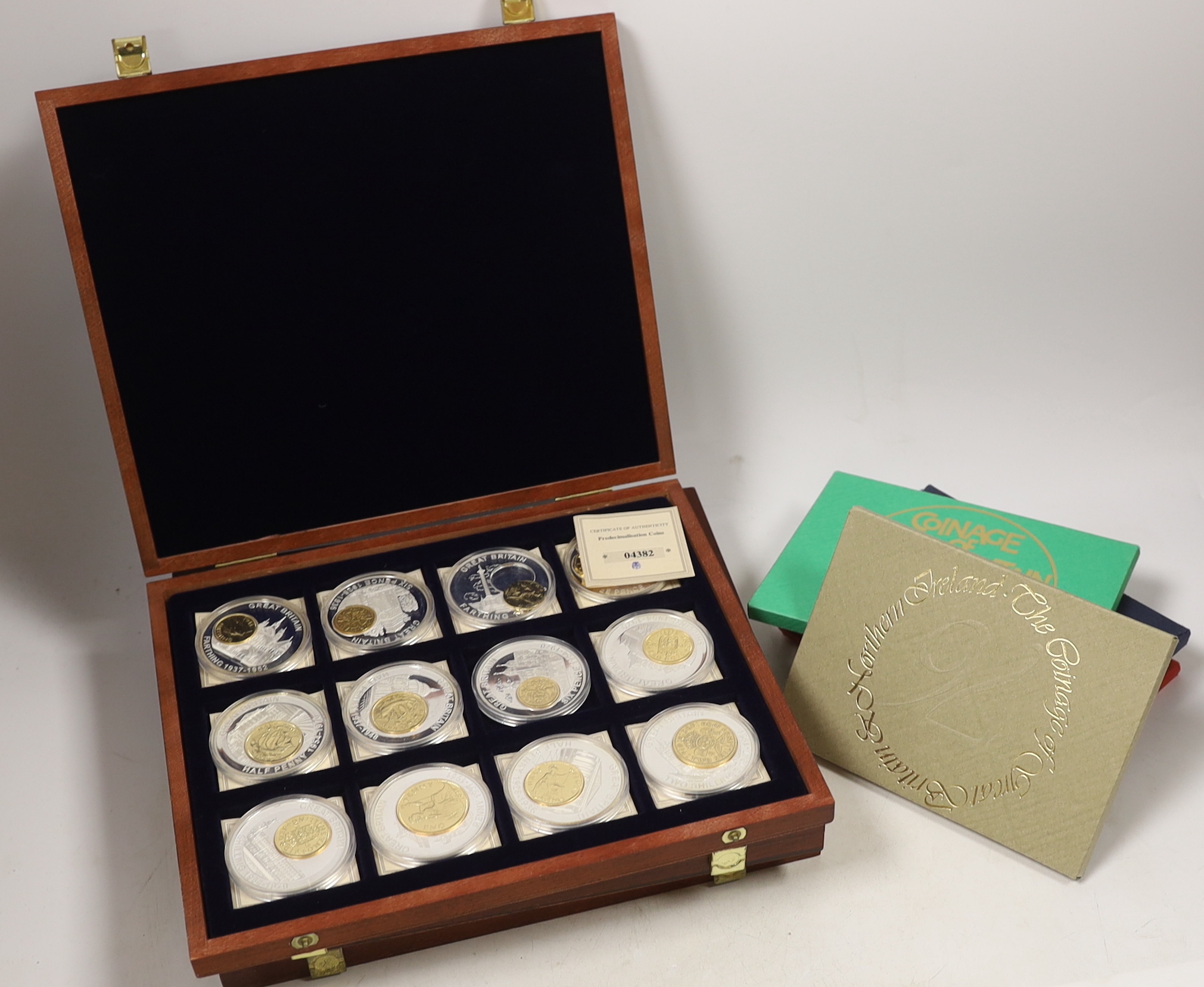 Six Royal Mint British coin proof sets, 1970s, 3 cases of 'British banknotes', commemorative coins, other various Queen Elizabeth II coins.
